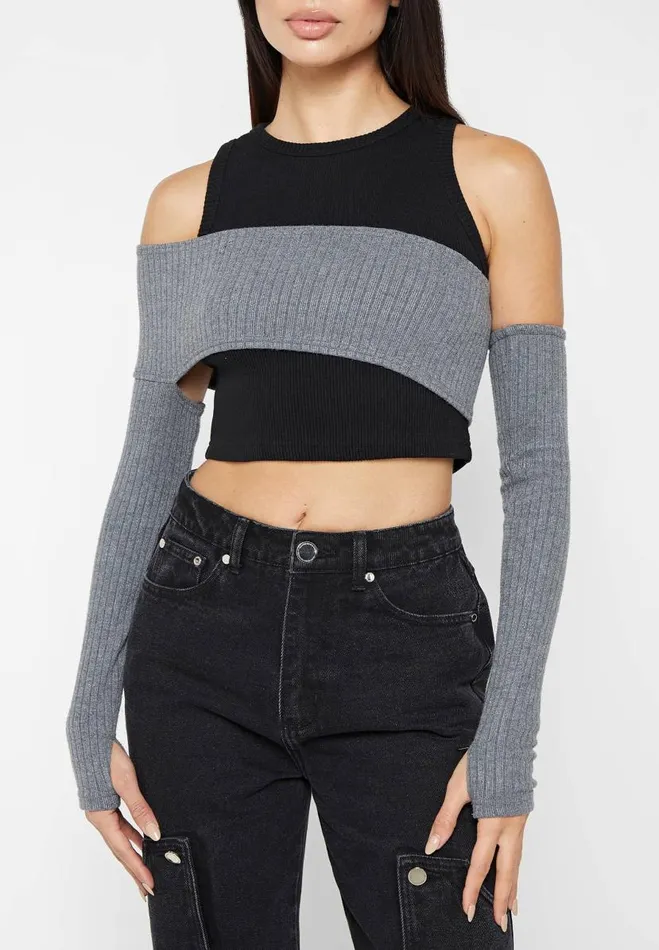 Manire De Voir Tops and T Shirts Manire De Voir Woman Crop Top With Knitted Overlay 8211 BlackGrey