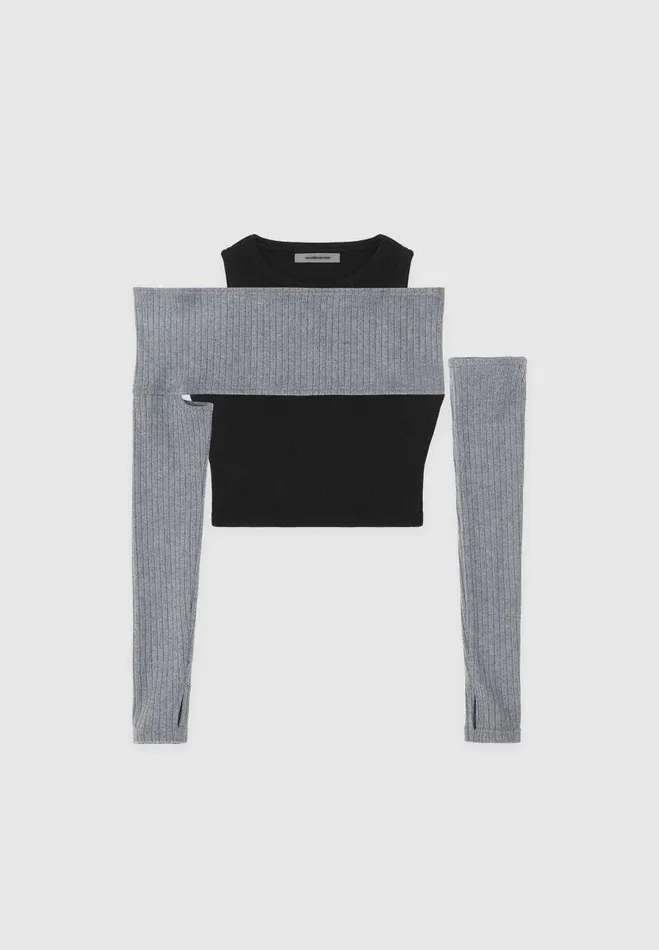Manire De Voir Tops and T Shirts Manire De Voir Woman Crop Top With Knitted Overlay 8211 BlackGrey