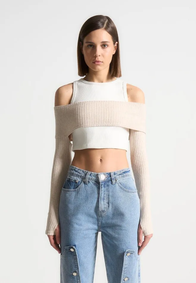 Manire De Voir Tops and T Shirts Manire De Voir Woman Crop Top With Knitted Overlay 8211 WhiteBeige Manire De Voir Tops and T Shirts Manire De Voir Woman Crop Top With Knitted Overlay 8211 WhiteBeige