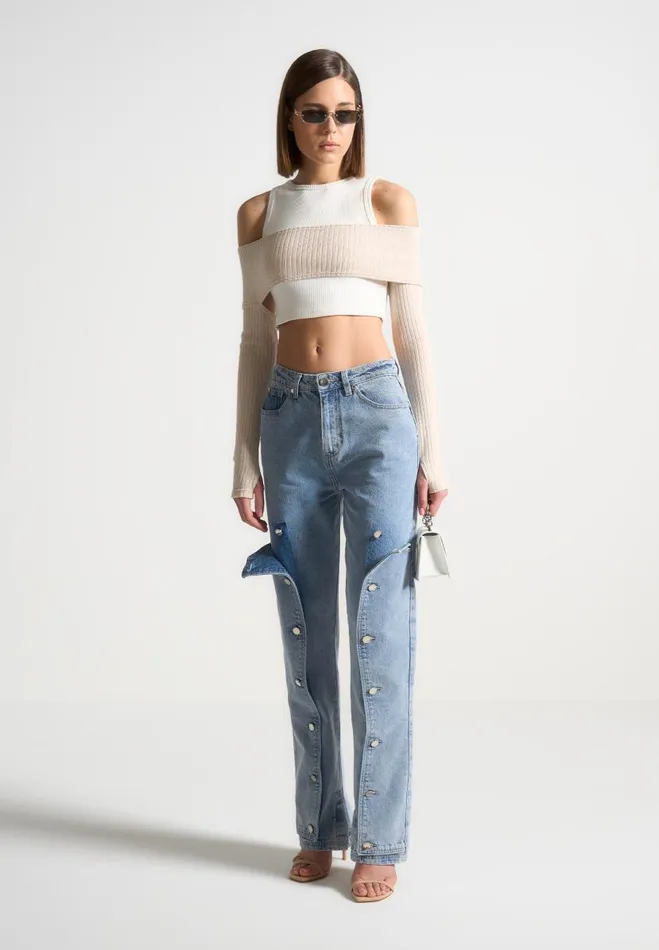 Manire De Voir Tops and T Shirts Manire De Voir Woman Crop Top With Knitted Overlay 8211 WhiteBeige