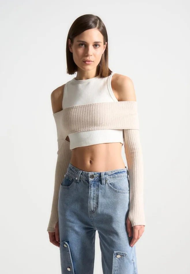 Manire De Voir Tops and T Shirts Manire De Voir Woman Crop Top With Knitted Overlay 8211 WhiteBeige