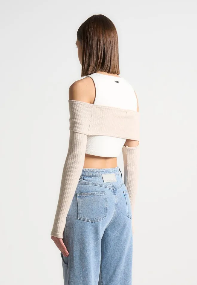 Manire De Voir Tops and T Shirts Manire De Voir Woman Crop Top With Knitted Overlay 8211 WhiteBeige