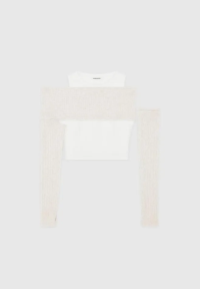 Manire De Voir Tops and T Shirts Manire De Voir Woman Crop Top With Knitted Overlay 8211 WhiteBeige