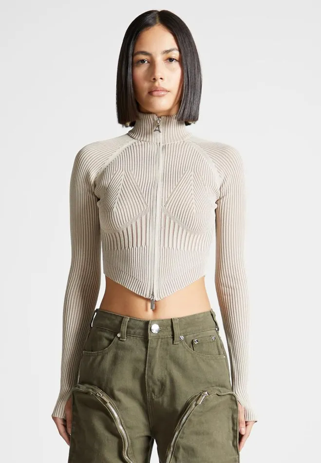 Manire De Voir Tops and T Shirts Manire De Voir Woman Knitted Backless Corset Top 8211 BeigeTaupe