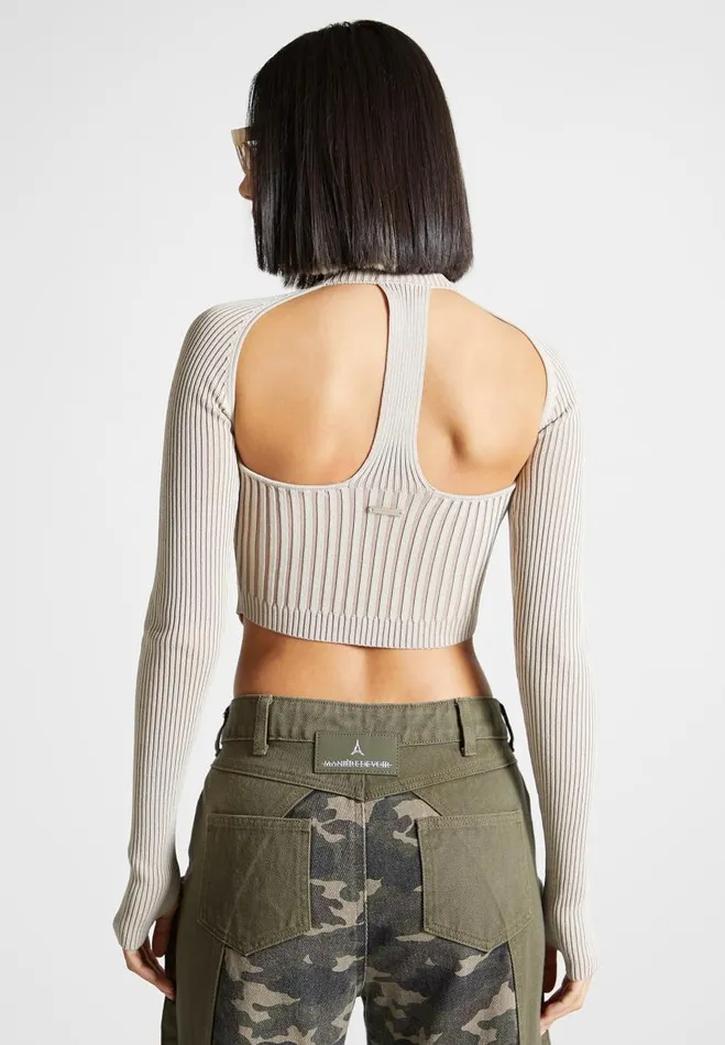 Manire De Voir Tops and T Shirts Manire De Voir Woman Knitted Backless Corset Top 8211 BeigeTaupe