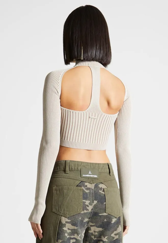 Manire De Voir Tops and T Shirts Manire De Voir Woman Knitted Backless Corset Top 8211 BeigeTaupe