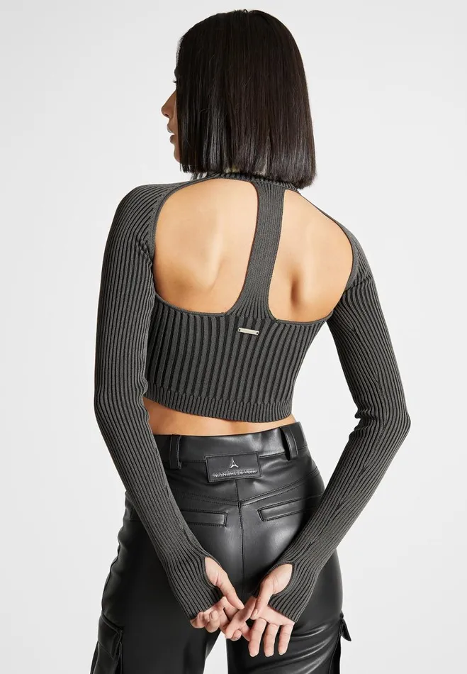 Manire De Voir Tops and T Shirts Manire De Voir Woman Knitted Backless Corset Top 8211 GreyBlack Manire De Voir Tops and T Shirts Manire De Voir Woman Knitted Backless Corset Top 8211 GreyBlack
