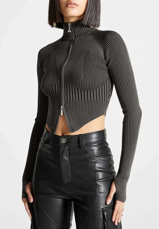 Manire De Voir Tops and T Shirts Manire De Voir Woman Knitted Backless Corset Top 8211 GreyBlack