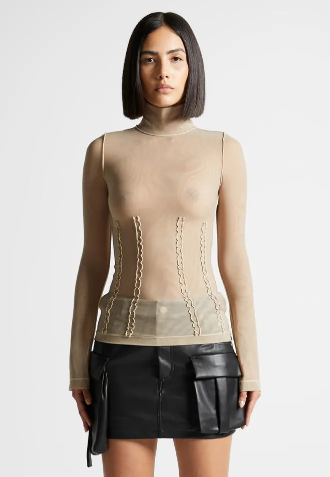 Manire De Voir Tops and T Shirts Manire De Voir Woman Mesh Double Layer Top 8211 Taupe Manire De Voir Tops and T Shirts Manire De Voir Woman Mesh Double Layer Top 8211 Taupe