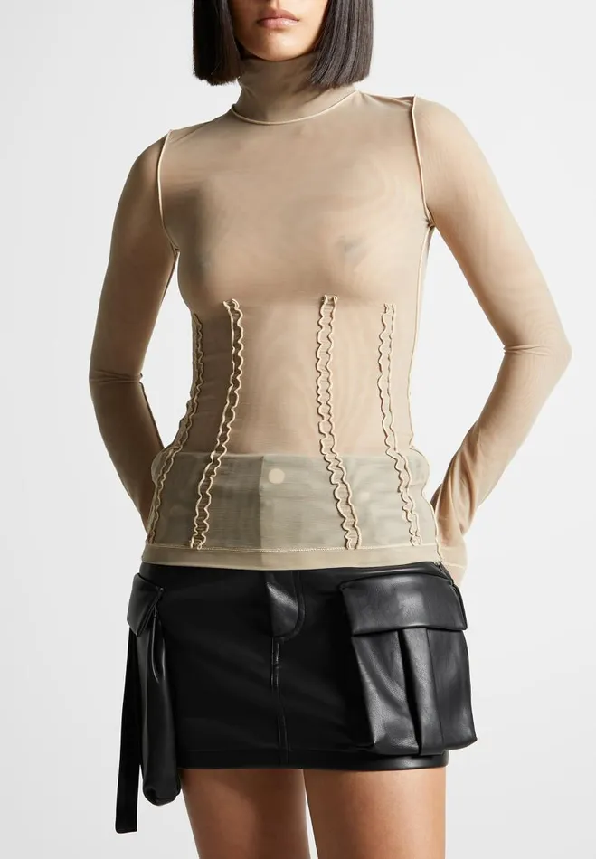 Manire De Voir Tops and T Shirts Manire De Voir Woman Mesh Double Layer Top 8211 Taupe
