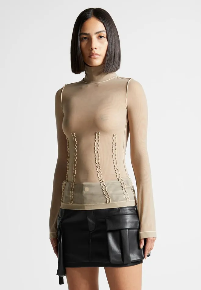 Manire De Voir Tops and T Shirts Manire De Voir Woman Mesh Double Layer Top 8211 Taupe