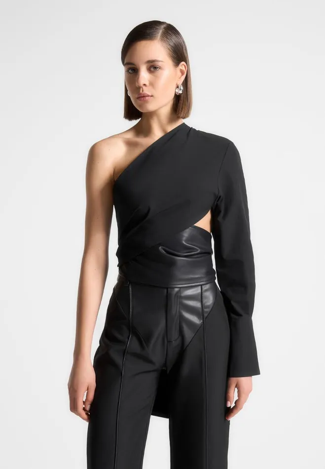 Manire De Voir Tops and T Shirts Manire De Voir Woman One Sleeve Vegan Leather Wrap Top 8211 Black Manire De Voir Tops and T Shirts Manire De Voir Woman One Sleeve Vegan Leather Wrap Top 8211 Black