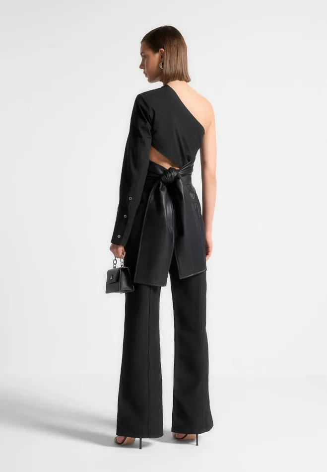 Manire De Voir Tops and T Shirts Manire De Voir Woman One Sleeve Vegan Leather Wrap Top 8211 Black