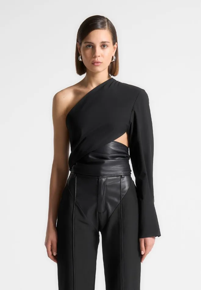 Manire De Voir Tops and T Shirts Manire De Voir Woman One Sleeve Vegan Leather Wrap Top 8211 Black