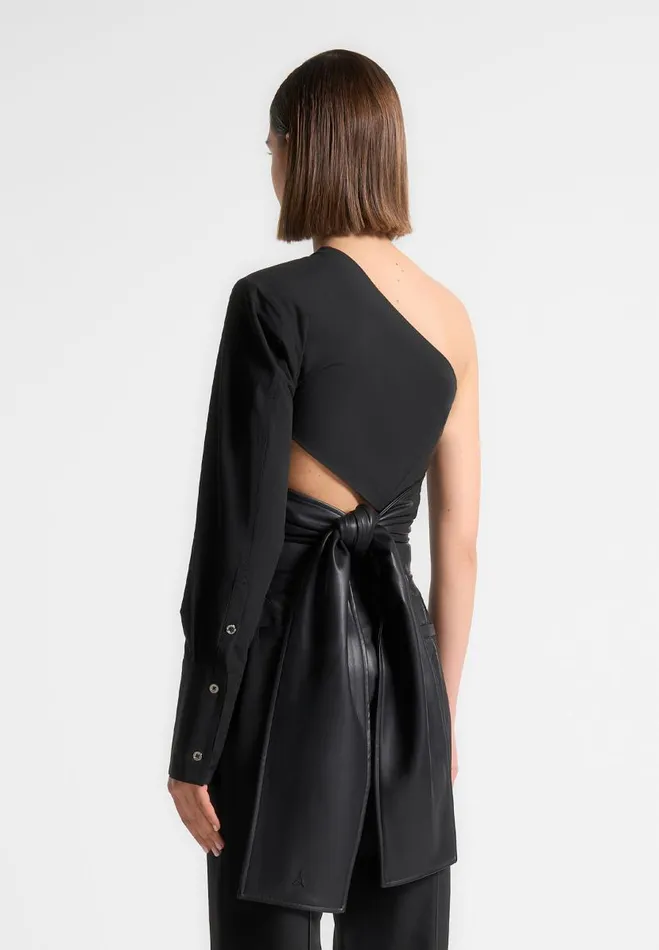 Manire De Voir Tops and T Shirts Manire De Voir Woman One Sleeve Vegan Leather Wrap Top 8211 Black