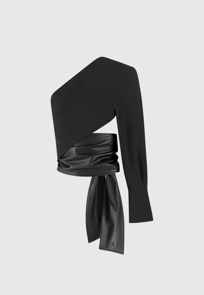 Manire De Voir Tops and T Shirts Manire De Voir Woman One Sleeve Vegan Leather Wrap Top 8211 Black