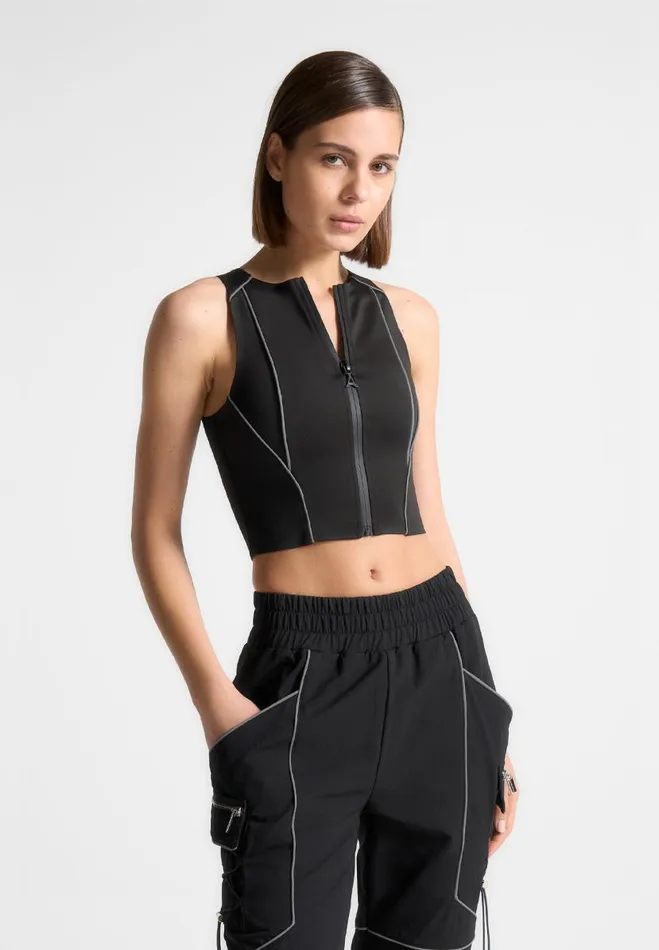 Manire De Voir Tops and T Shirts Manire De Voir Woman Reflective Piped Racer Crop Top 8211 Black Manire De Voir Tops and T Shirts Manire De Voir Woman Reflective Piped Racer Crop Top 8211 Black