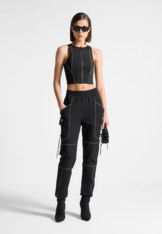 Manire De Voir Tops and T Shirts Manire De Voir Woman Reflective Piped Racer Crop Top 8211 Black