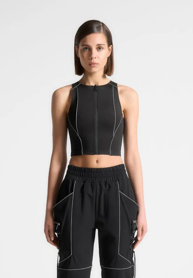 Manire De Voir Tops and T Shirts Manire De Voir Woman Reflective Piped Racer Crop Top 8211 Black