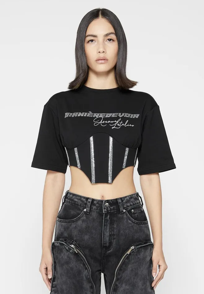 Manire De Voir Tops and T Shirts Manire De Voir Woman Rhinestone Lace Up Corset TShirt 8211 Black Manire De Voir Tops and T Shirts Manire De Voir Woman Rhinestone Lace Up Corset TShirt 8211 Black