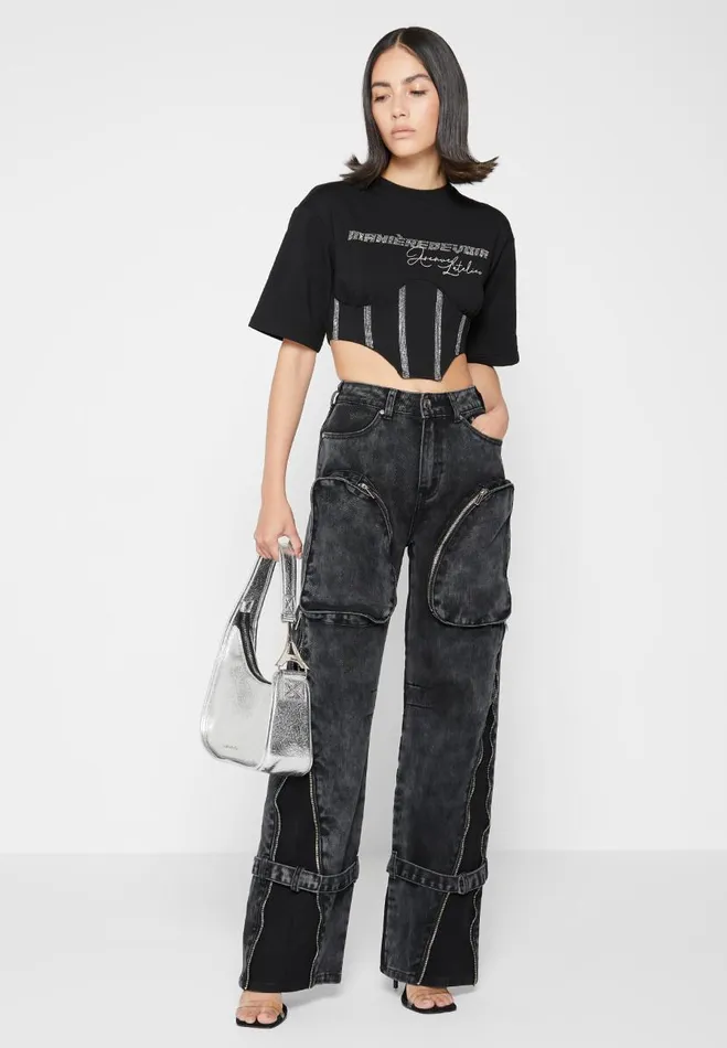 Manire De Voir Tops and T Shirts Manire De Voir Woman Rhinestone Lace Up Corset TShirt 8211 Black