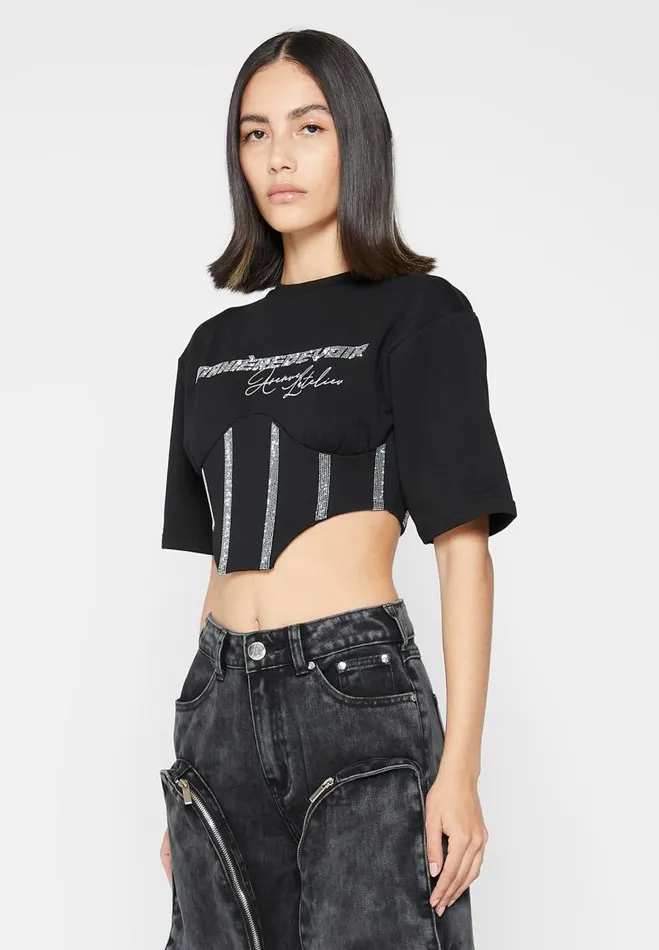 Manire De Voir Tops and T Shirts Manire De Voir Woman Rhinestone Lace Up Corset TShirt 8211 Black