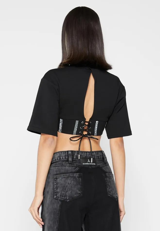 Manire De Voir Tops and T Shirts Manire De Voir Woman Rhinestone Lace Up Corset TShirt 8211 Black