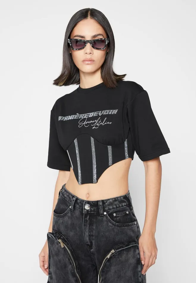 Manire De Voir Tops and T Shirts Manire De Voir Woman Rhinestone Lace Up Corset TShirt 8211 Black