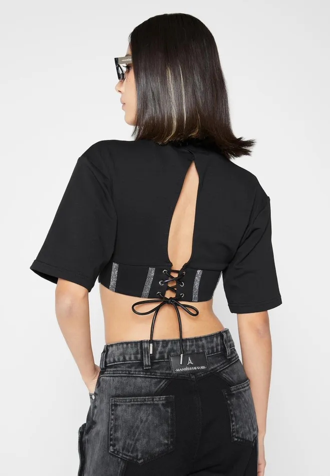 Manire De Voir Tops and T Shirts Manire De Voir Woman Rhinestone Lace Up Corset TShirt 8211 Black