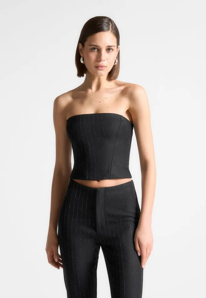 Manire De Voir Tops and T Shirts Manire De Voir Woman Rhinestone Tailored Bandeau Corset Top 8211 Black Manire De Voir Tops and T Shirts Manire De Voir Woman Rhinestone Tailored Bandeau Corset Top 8211 Black