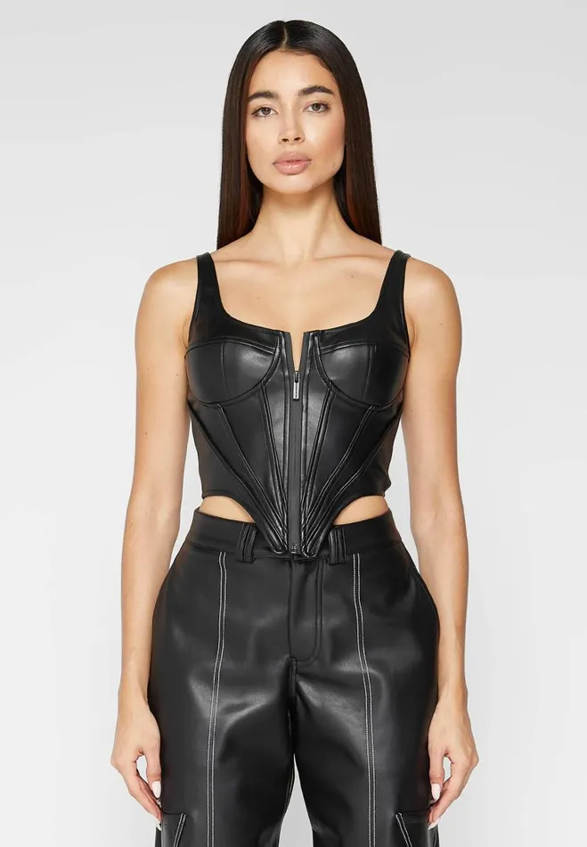 Manire De Voir Tops and T Shirts Manire De Voir Woman Vegan Leather Corset Top 8211 Black Manire De Voir Tops and T Shirts Manire De Voir Woman Vegan Leather Corset Top 8211 Black