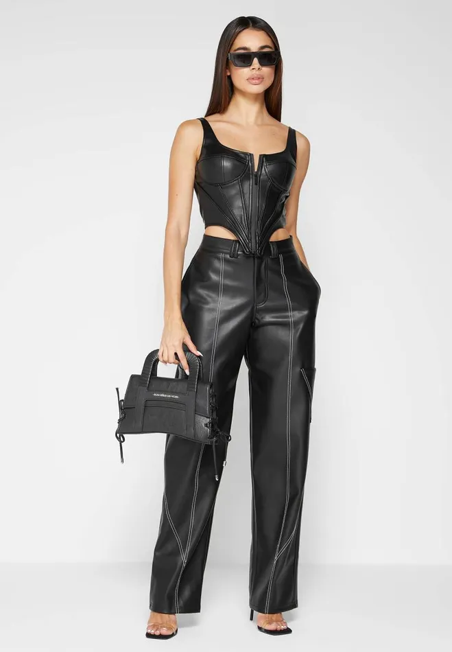 Manire De Voir Tops and T Shirts Manire De Voir Woman Vegan Leather Corset Top 8211 Black