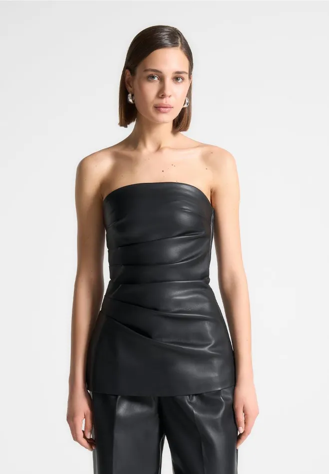 Manire De Voir Tops and T Shirts Manire De Voir Woman Vegan Leather Tacked Longline Bandeau Top 8211 Black