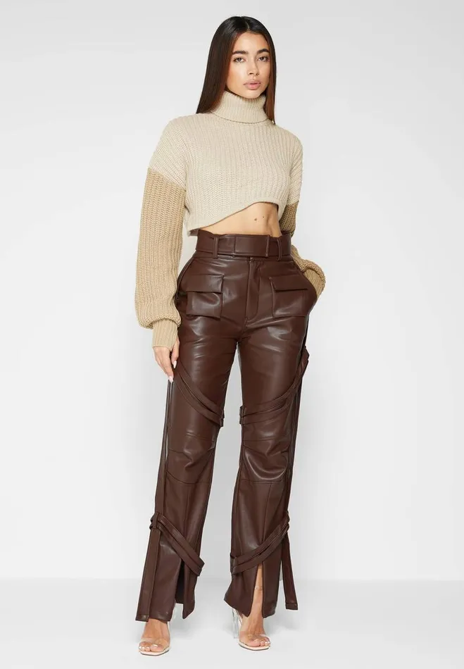 Manire De Voir Trousers Manire De Voir Woman Vegan Leather Carpenter Cargo Trousers 8211 Brown