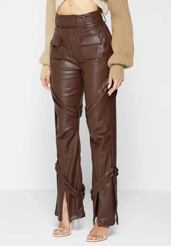 Manire De Voir Trousers Manire De Voir Woman Vegan Leather Carpenter Cargo Trousers 8211 Brown