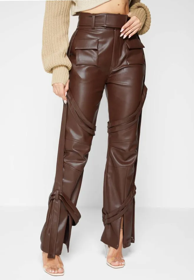 Manire De Voir Trousers Manire De Voir Woman Vegan Leather Carpenter Cargo Trousers 8211 Brown