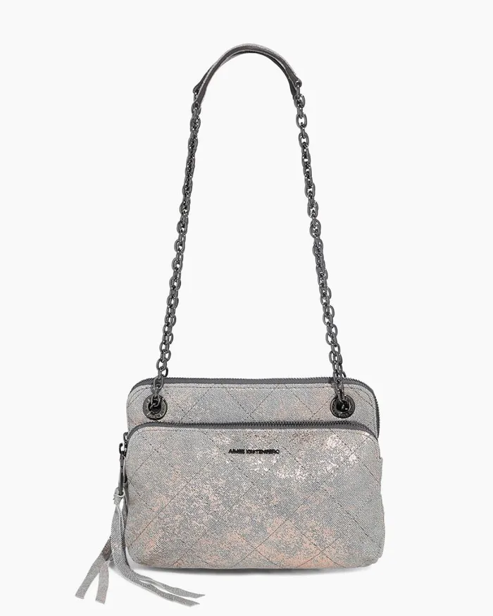 Maven Quilted Double Crossbody Rose Gold Distressed Denim Women Aimee Kestenberg Crossbody Bags