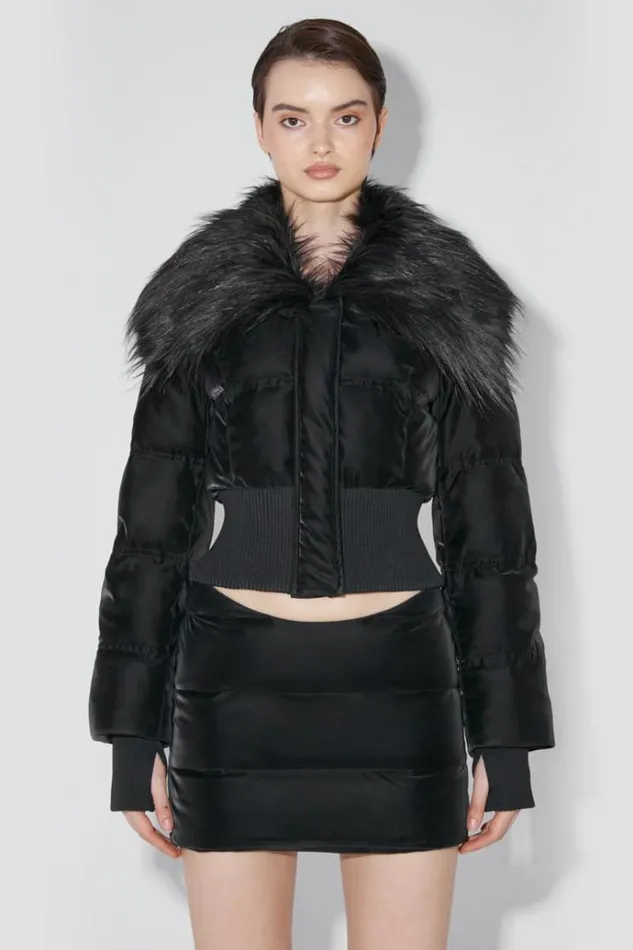 Outerwear Women MISBHV Velvet Latex Cropped Puffer Jacket With Fur Black