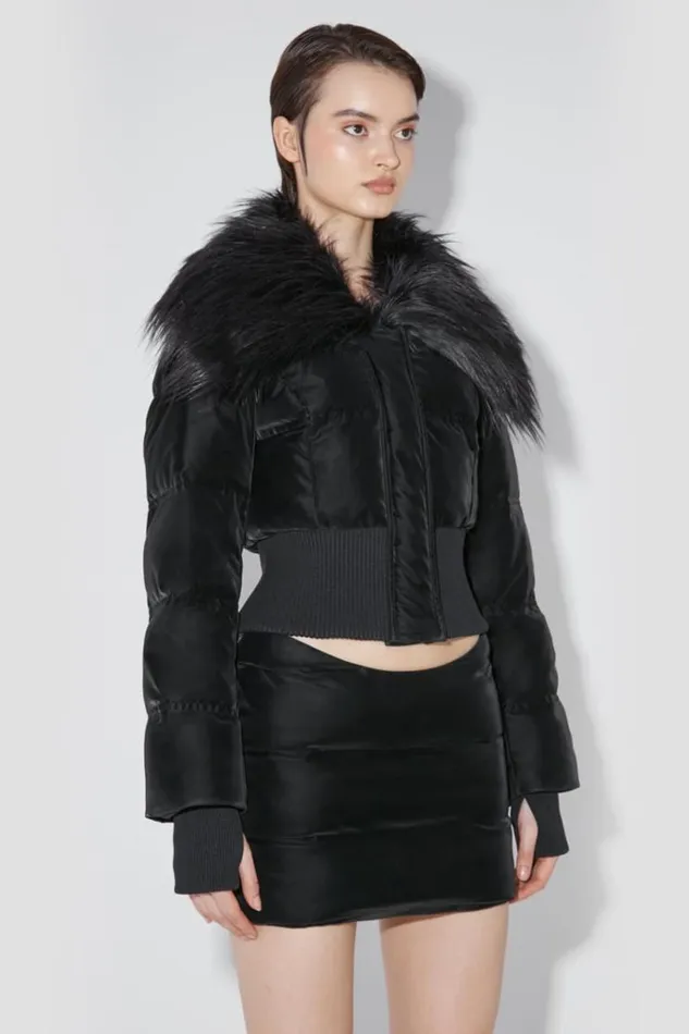 Outerwear Women MISBHV Velvet Latex Cropped Puffer Jacket With Fur Black