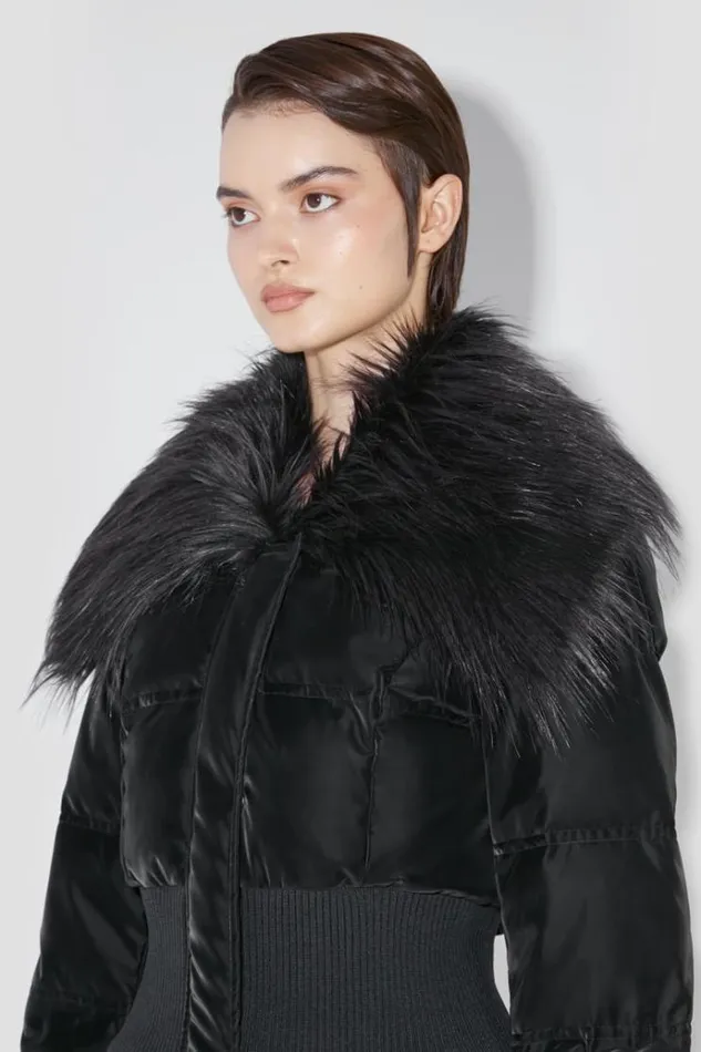 Outerwear Women MISBHV Velvet Latex Cropped Puffer Jacket With Fur Black