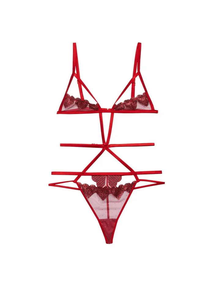Ouvert Panties Lingerie Fleur Du Mal Heart Embroidery Bondage Bodysuit Rouge