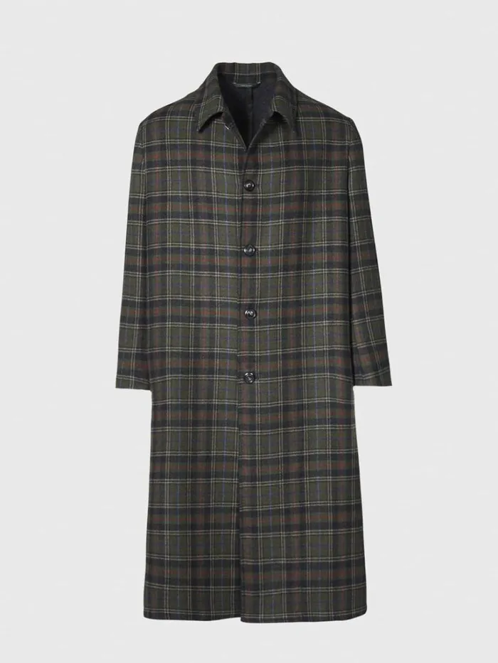 Overcoats Mens Paul Stuart Cashmere Plaid ALine Coat Olive