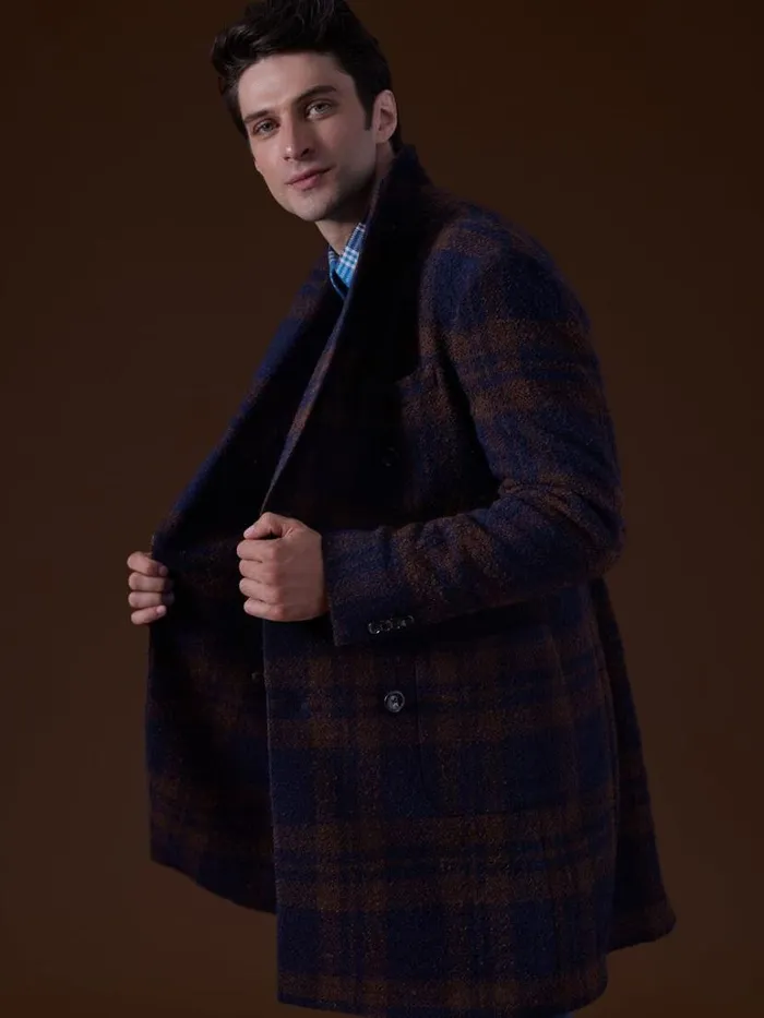 Overcoats Mens Paul Stuart Double Breasted Boucle Plaid Coat Navybrown