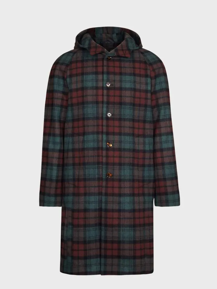 Overcoats Mens Paul Stuart Tartan Plaid Wool Hooded Coat Olivemulti