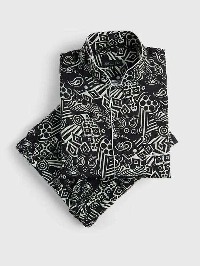 Pajamas and Loungewear Mens Paul Stuart Deco Print Linen Pajama Blackecru