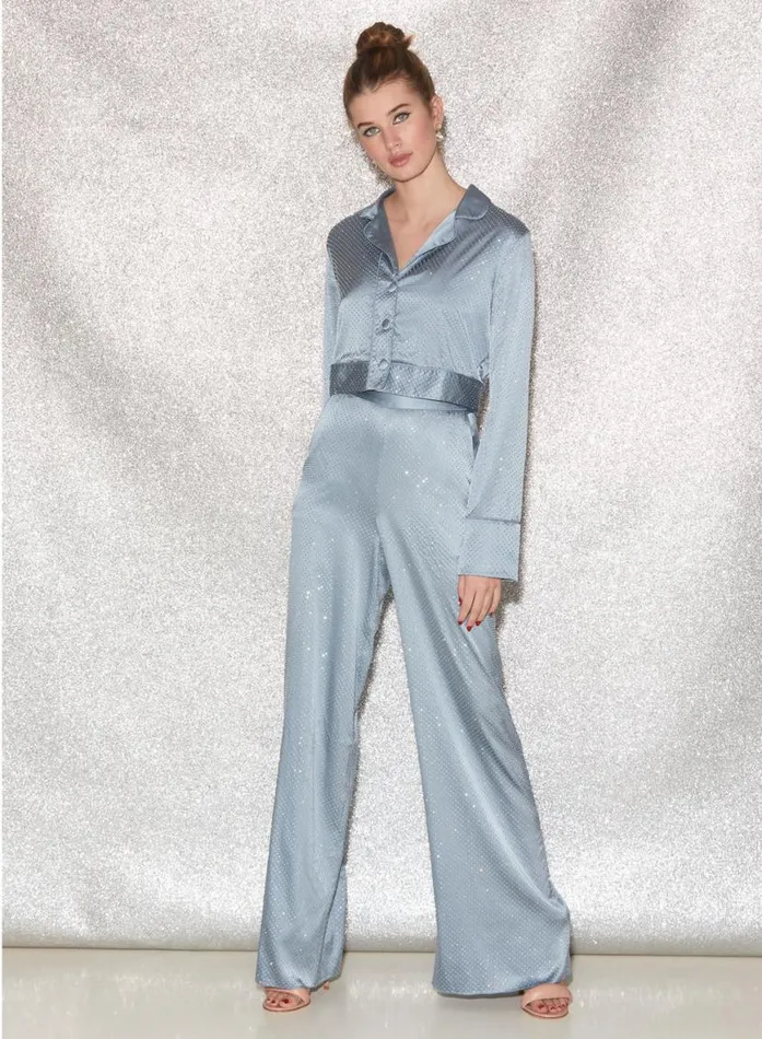 Pants Clothing Fleur Du Mal Rhinestone Wide Leg Pant Steel Blue