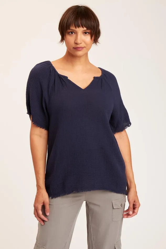 Pearl Top Navy Clothing XCVI ShirtsBlouses