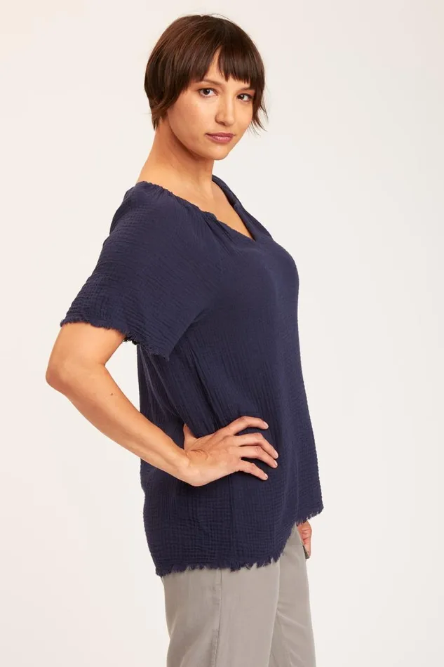 Pearl Top Navy Clothing XCVI ShirtsBlouses