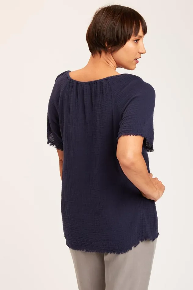 Pearl Top Navy Clothing XCVI ShirtsBlouses