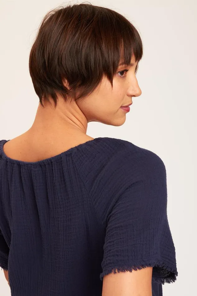 Pearl Top Navy Clothing XCVI ShirtsBlouses